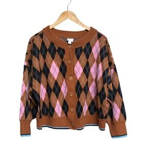 Maeve Anthropologie Argyle Button Front Cardigan Sweater Brown Pink Plus Size 2X